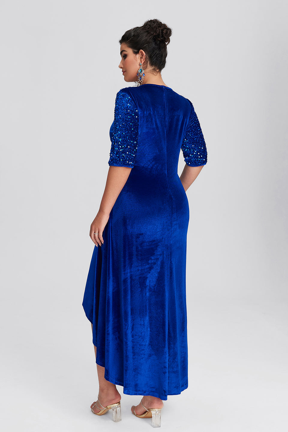 Vanessi Plus Size Asymmetric Hem Velvet Maxi Dress With Sequin