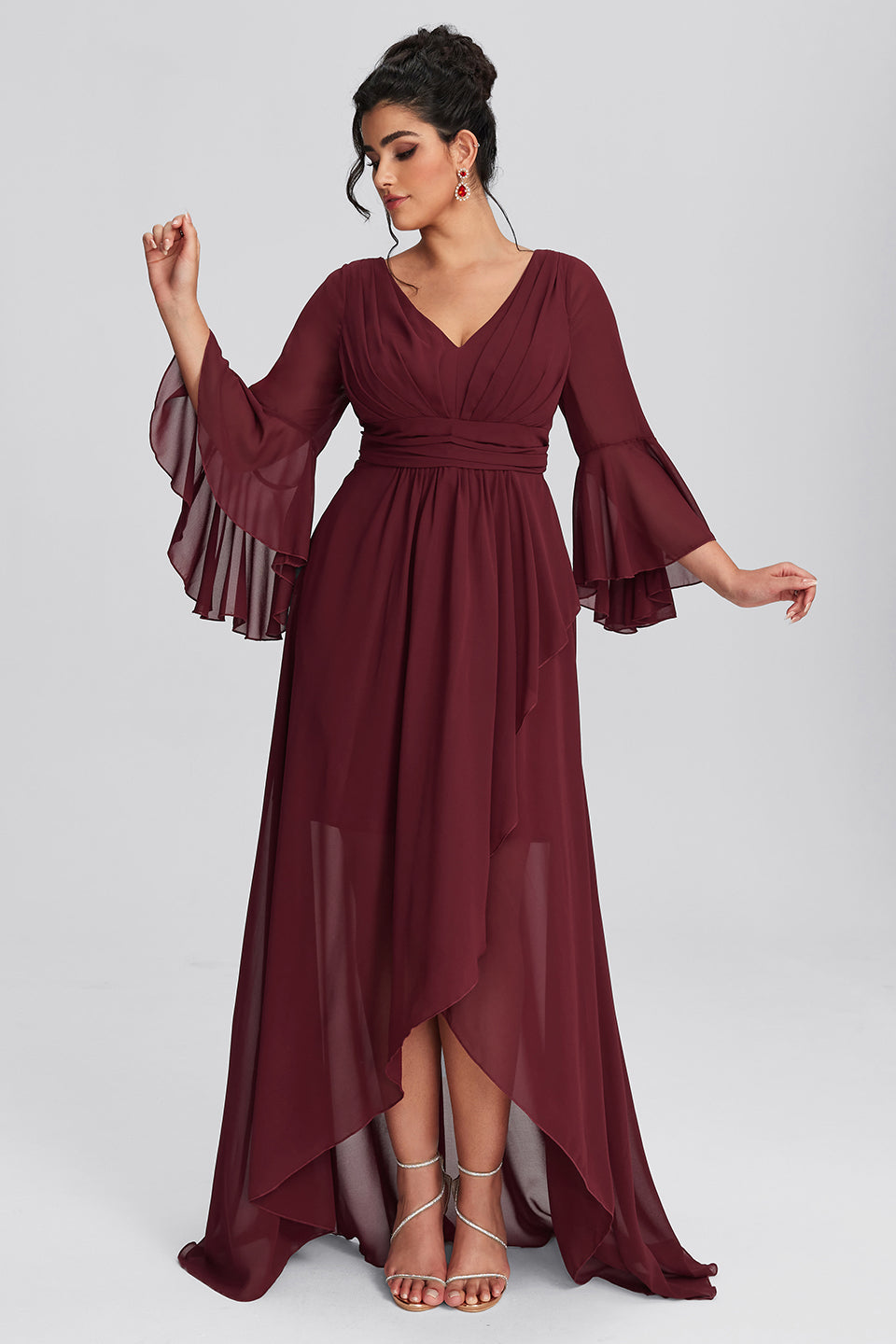 Vanessi Plus Size V-Neck Asymmetric Hem Elegant Long Sleeve Dress