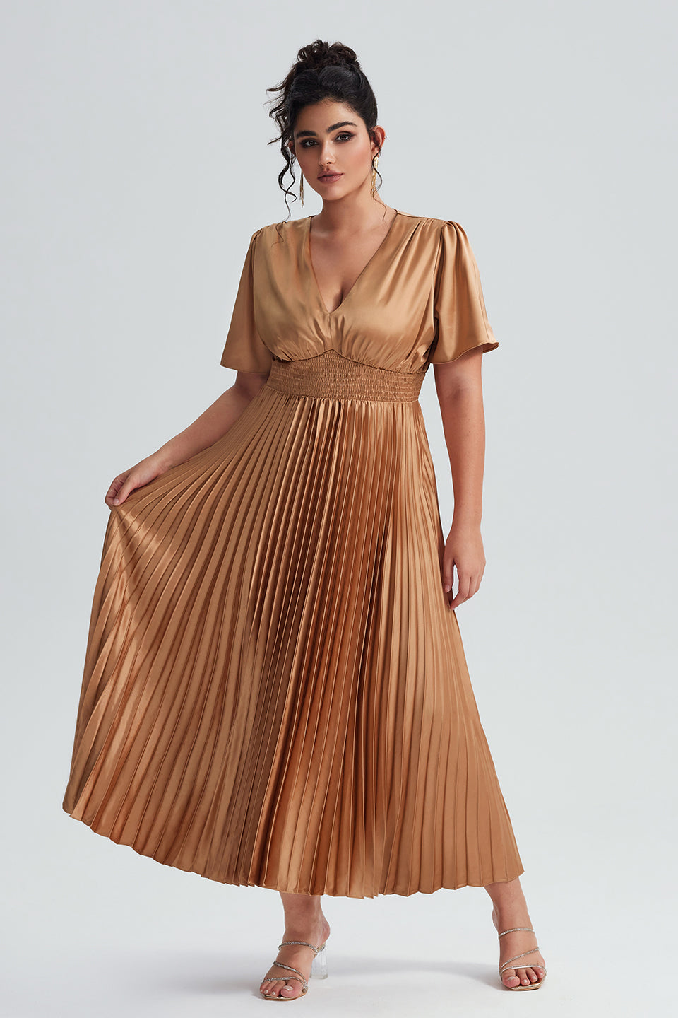 Vanessi Plus Size Satin Ruched Elegant V-Neck Maxi Dress