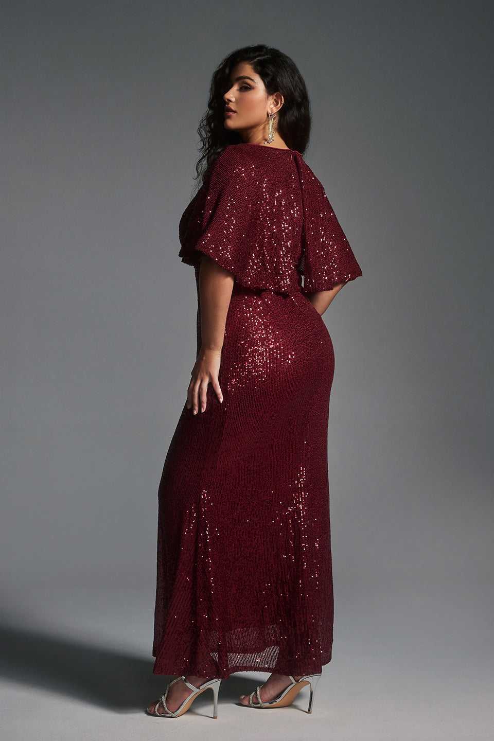 Vanessi Plus Size Batwing Sleeve Sequin Sexy Bodycon Maxi Dress