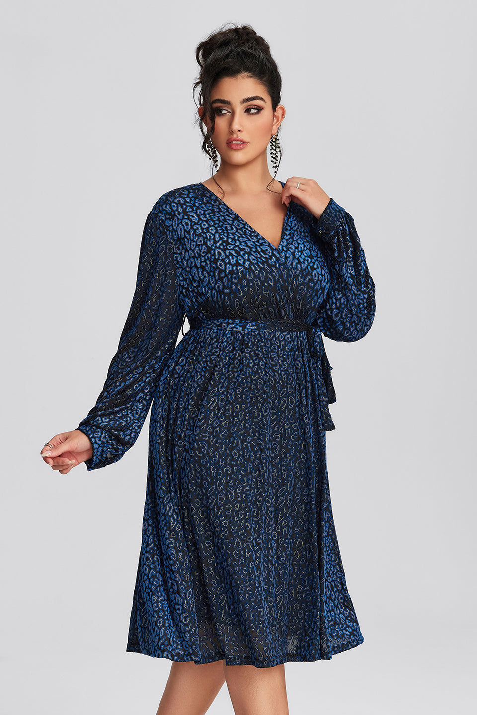 Vanessi Plus Size Leopard Velvet Wrap Midi Dress