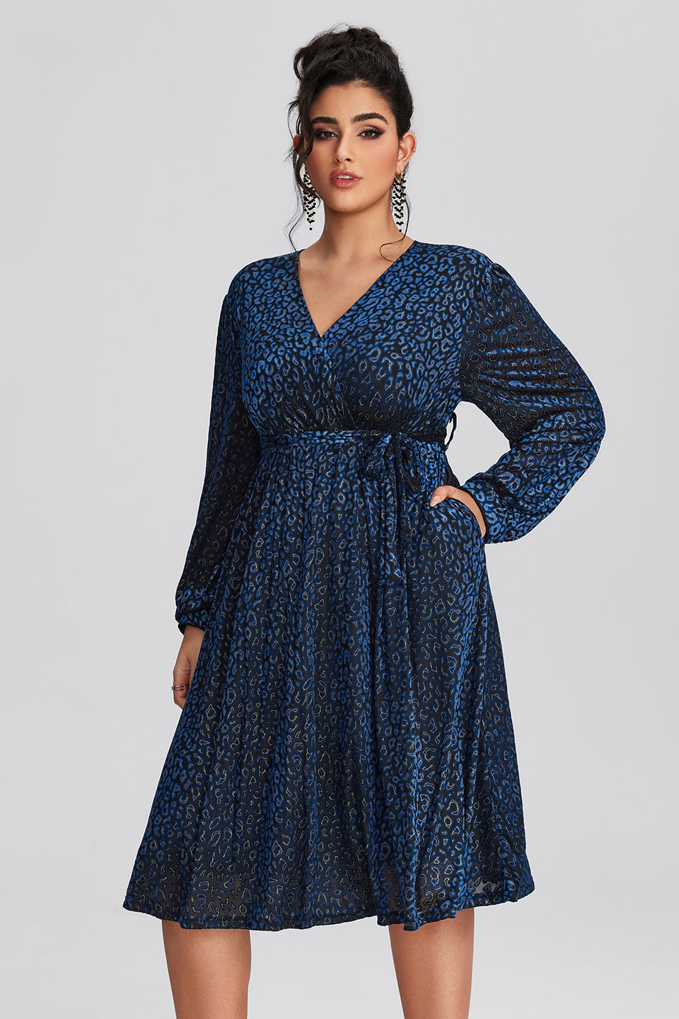 Vanessi Plus Size Leopard Velvet Wrap Midi Dress