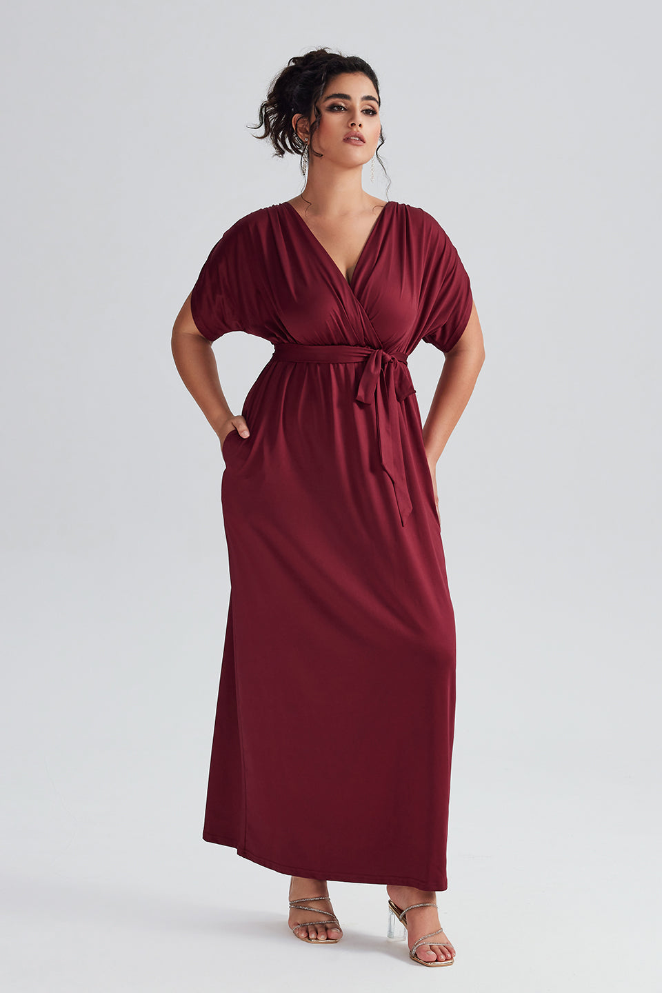 Vanessi Plus Size Elastic Waist Shirred V-Neck Wrap Maxi Dress