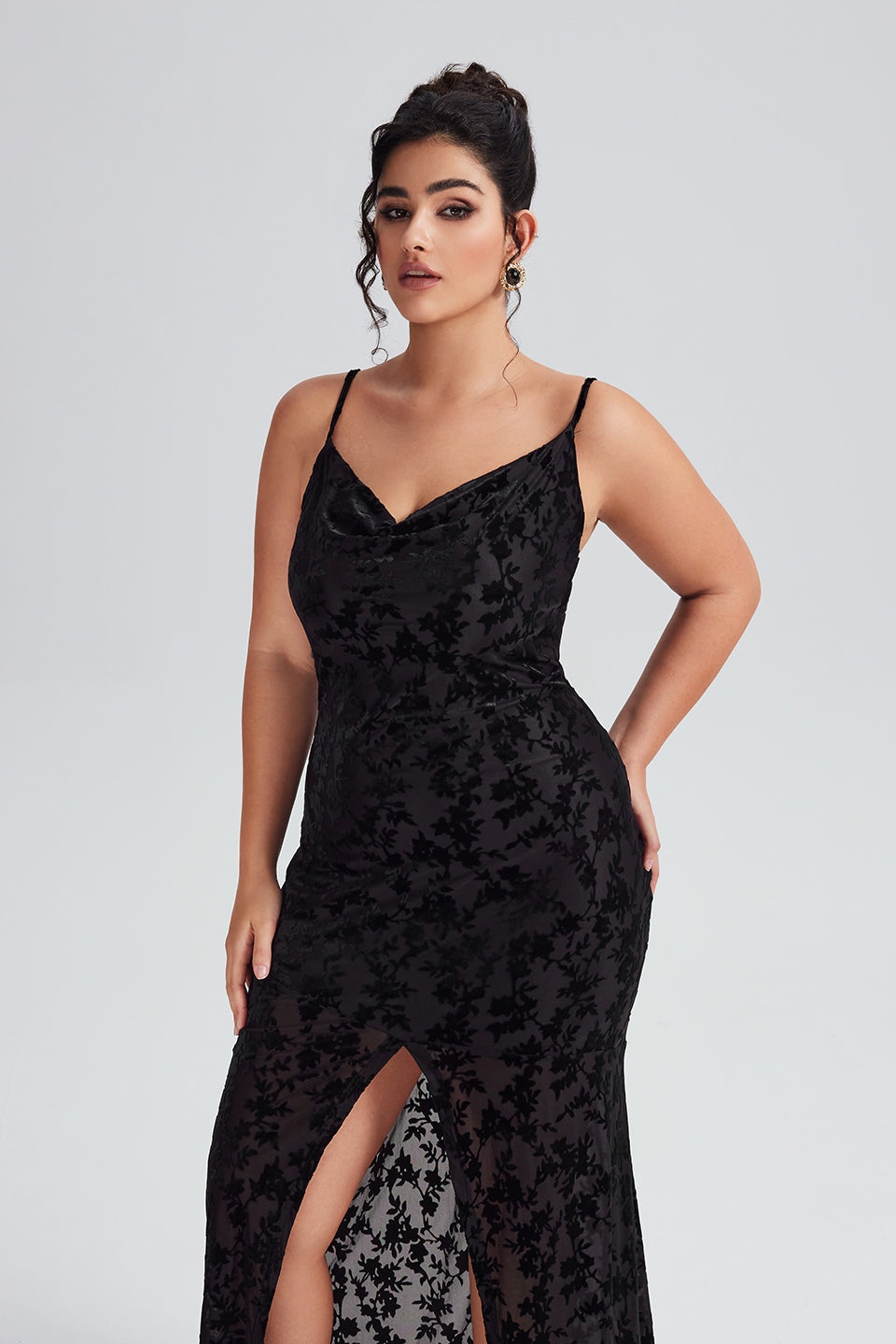 Vanessi Plus Size Velvet Halter V-Neck Slit Maxi Dress