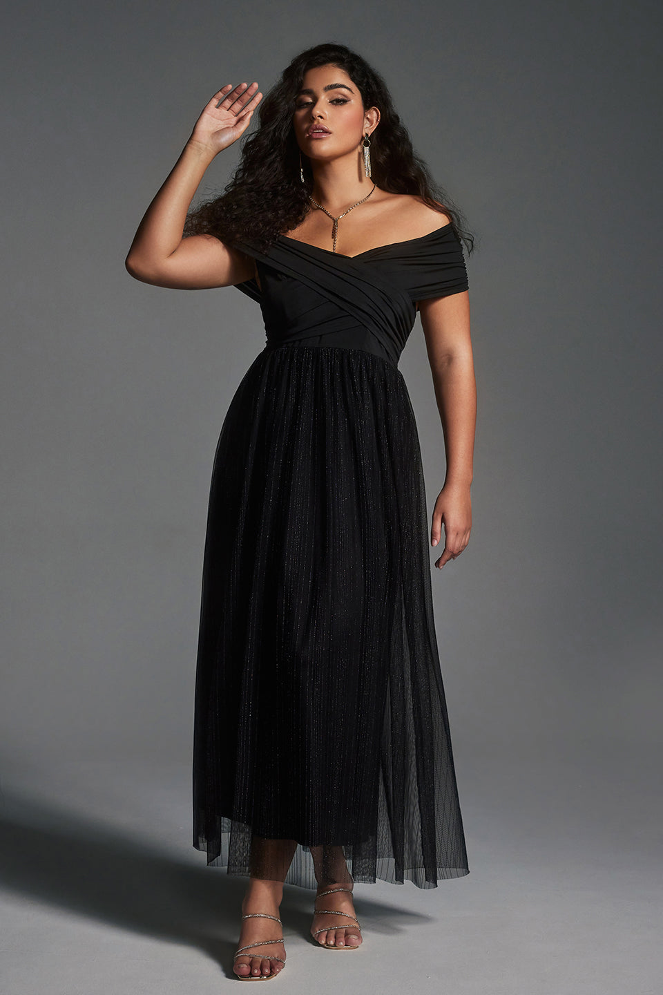 Vanessi Plus Size Patchwork Mesh Off Shoulder Maxi Dress