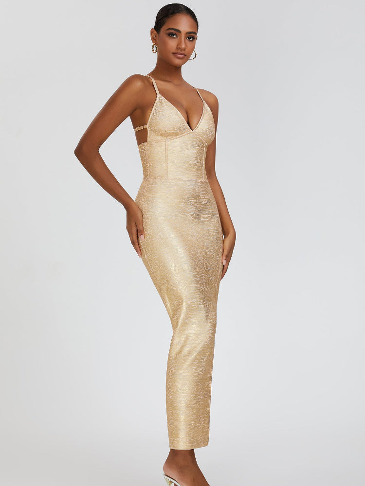 Golden sexy backless slim fit long dress