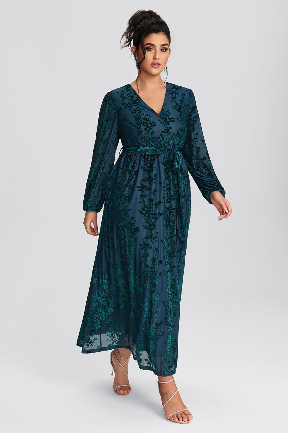 Vanessi Plus Size Floral Print Belted Split Wrap Velvet Maxi Dress