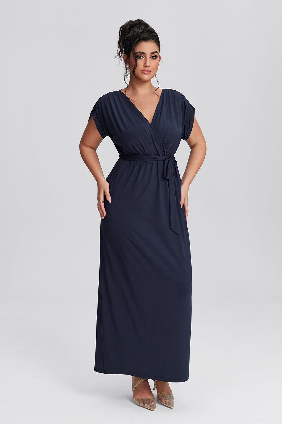 Vanessi Plus Size Elastic Waist Shirred V-Neck Wrap Maxi Dress