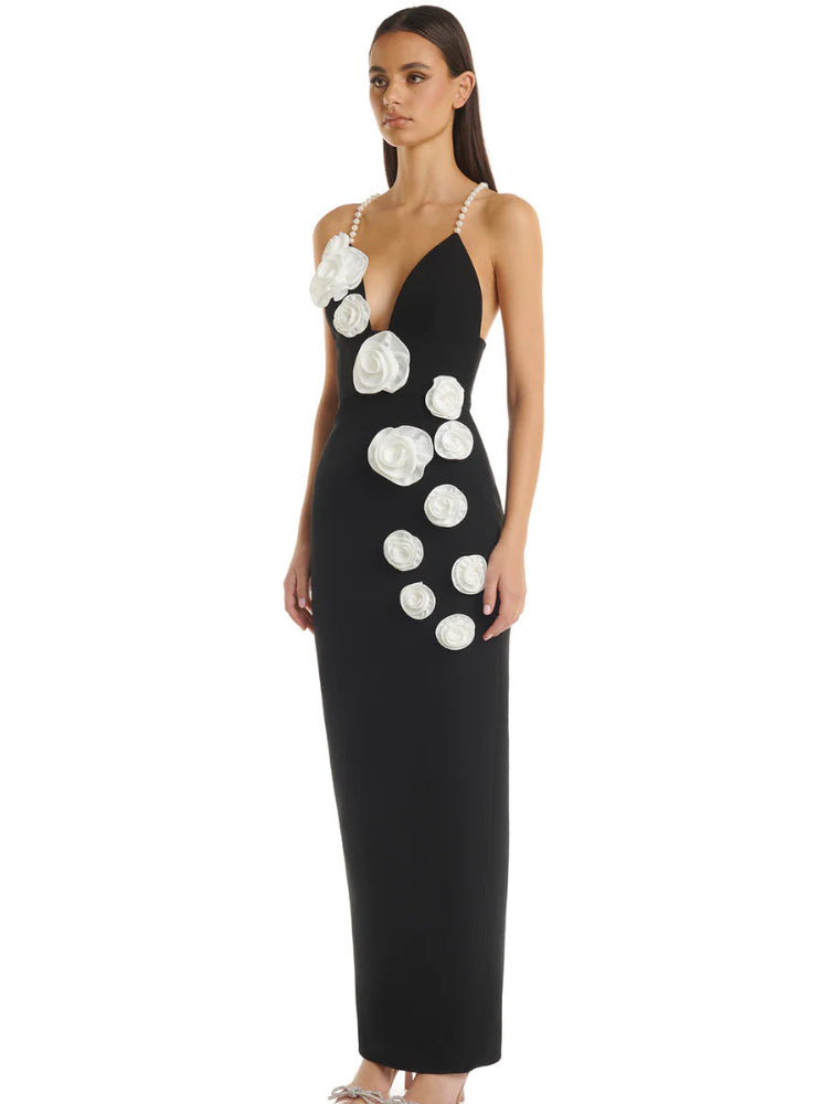 Pearl shoulder strap three-dimensional flower dress