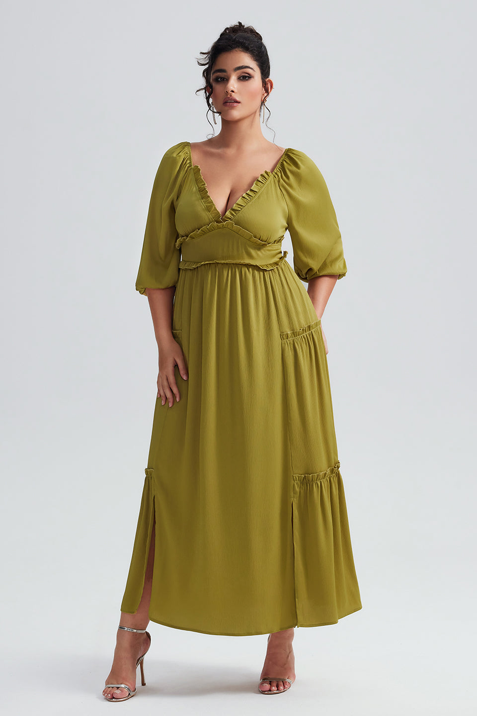 Vanessi Plus Size V-Neck Lantern Sleeve Ruffled Maxi Dress