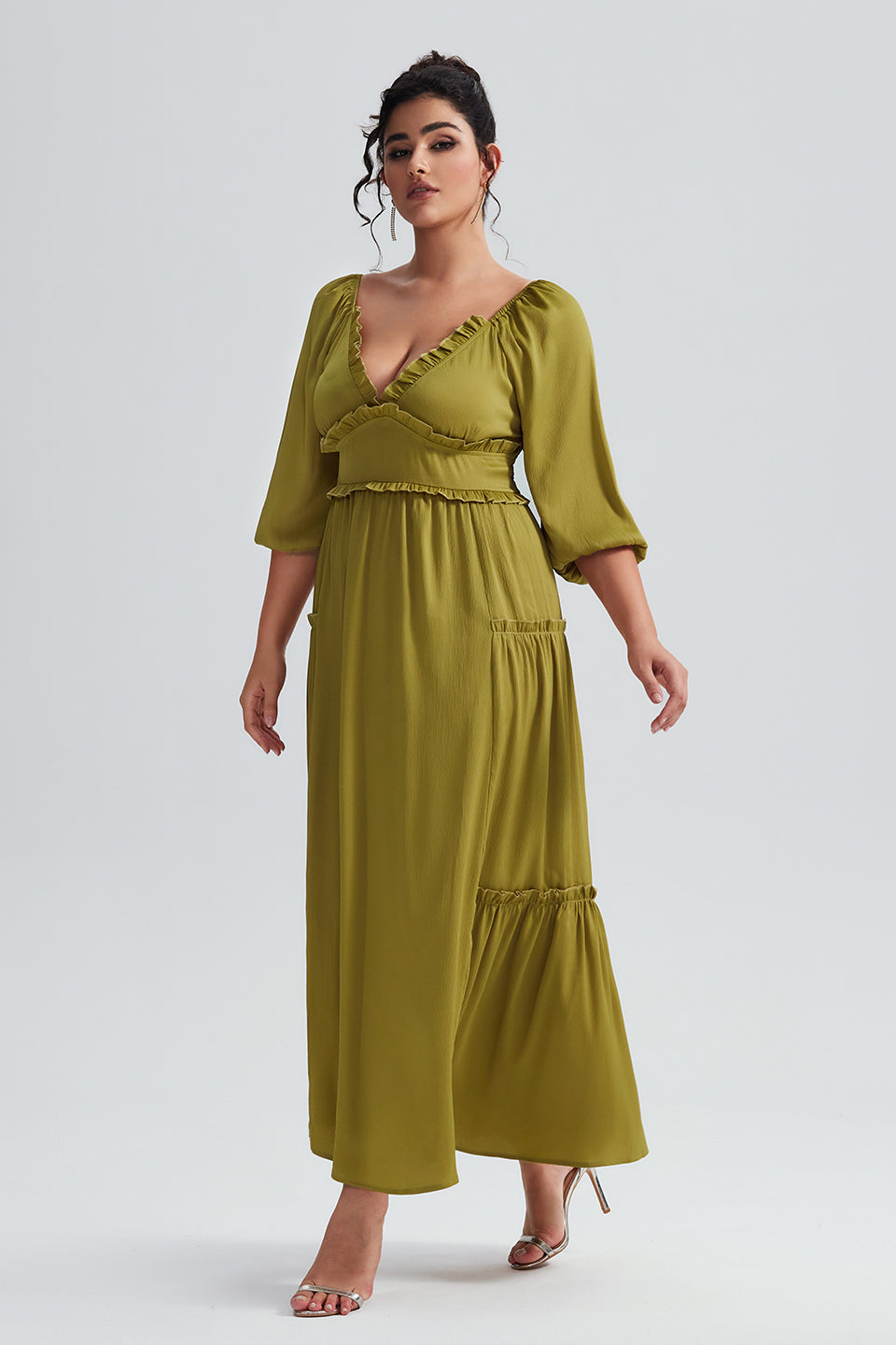 Vanessi Plus Size V-Neck Lantern Sleeve Ruffled Maxi Dress