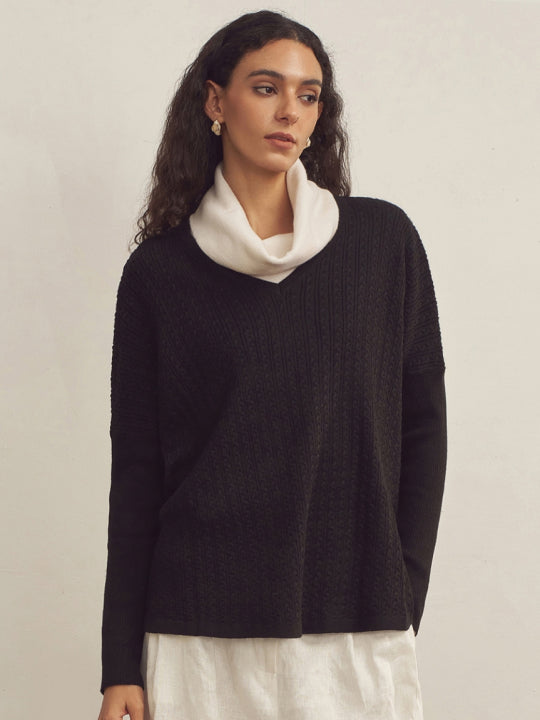 CASHMERE V-NECK TEXTURED OVERSIZED SWEATER WITH ASYMMETRICAL STRUCTURAL DESIGN