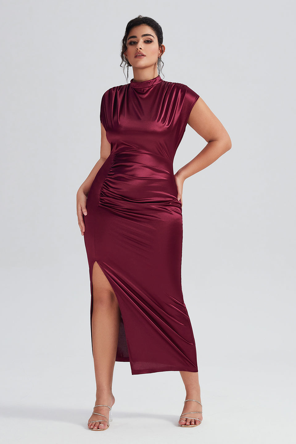 Vanessi Plus Size Satin High-Waisted Ruched Slit Maxi Dress