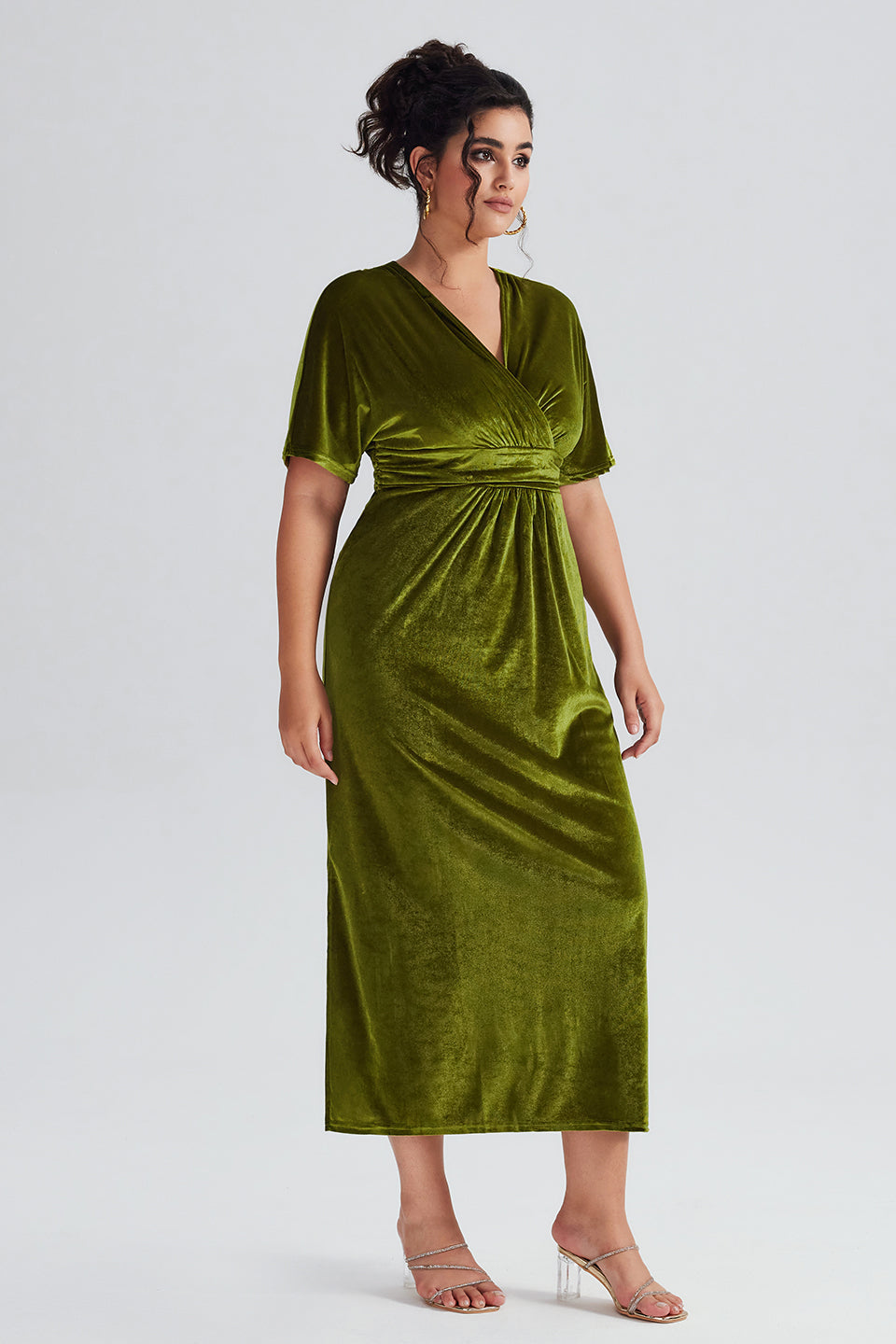 Vanessi Plus Size Elegant Velvet V-Neck Shirred Maxi Dress