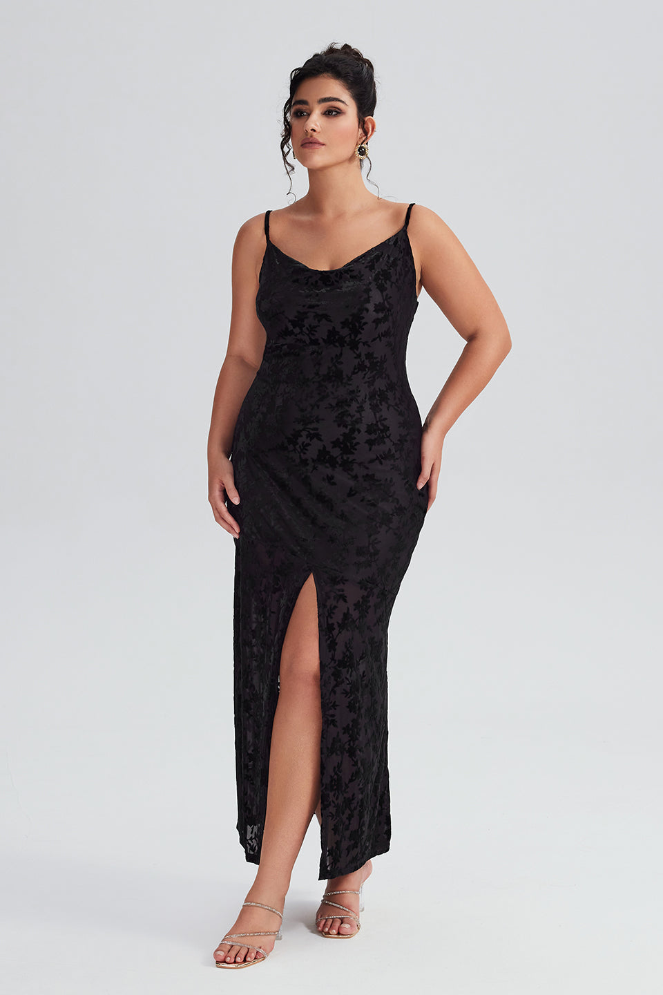 Vanessi Plus Size Velvet Halter V-Neck Slit Maxi Dress