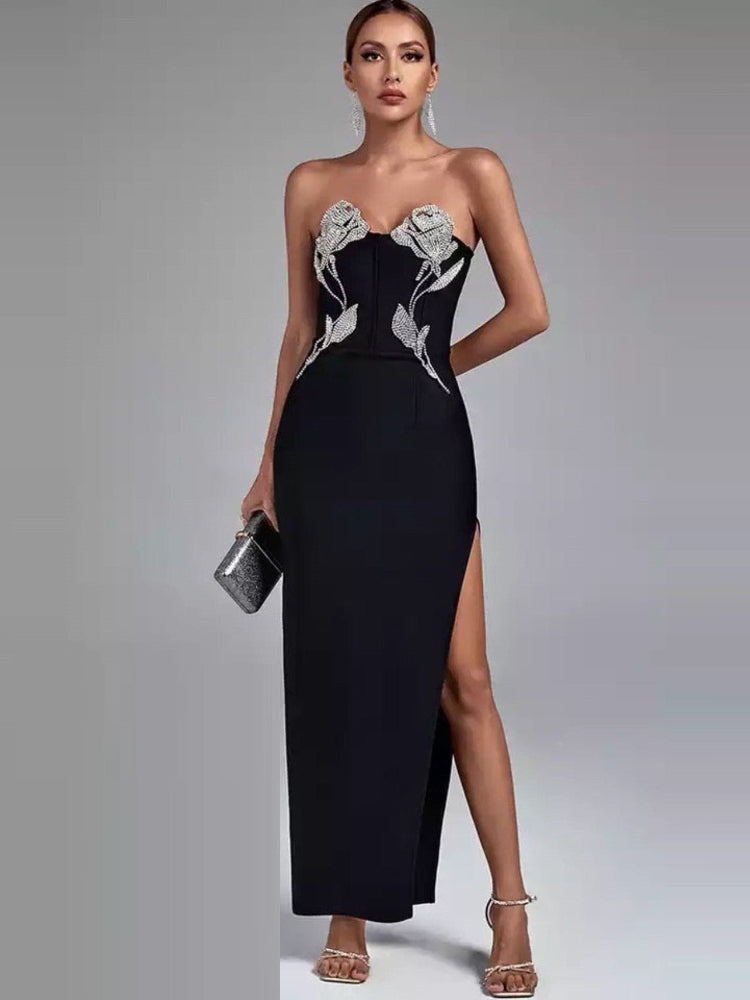 Light luxury diamond studded applique strapless dress