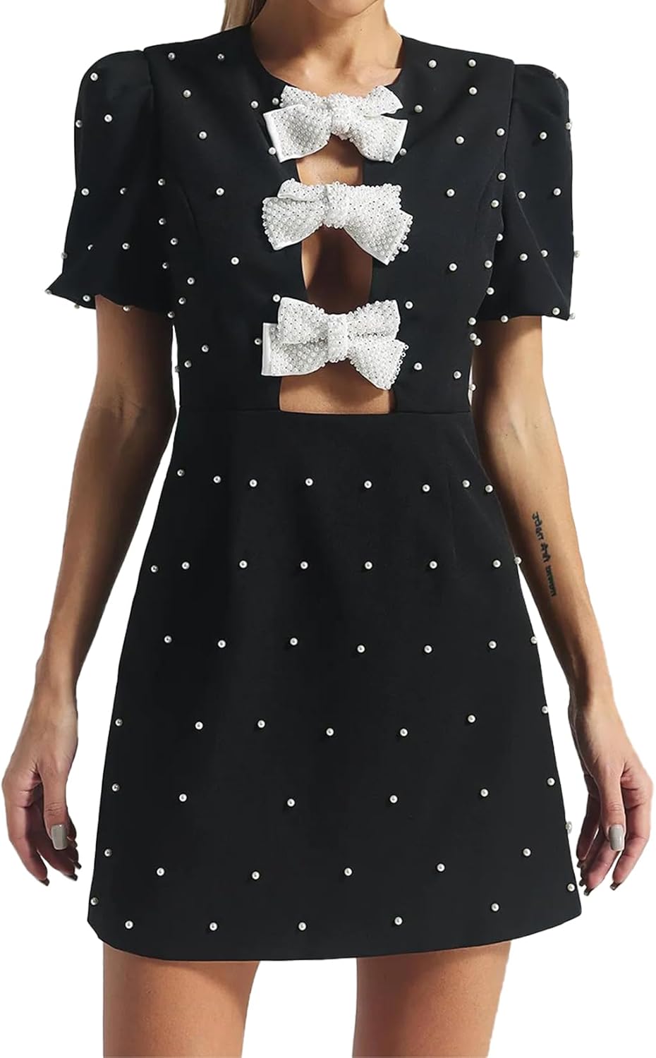 Black pearl bow hollow dress