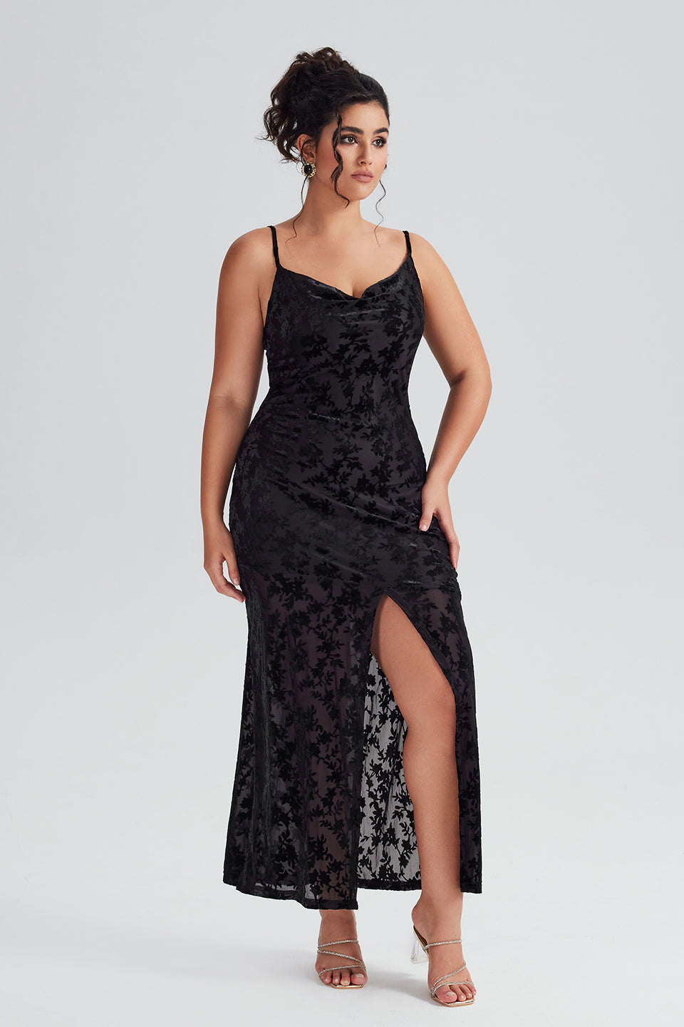 Vanessi Plus Size Velvet Halter V-Neck Slit Maxi Dress