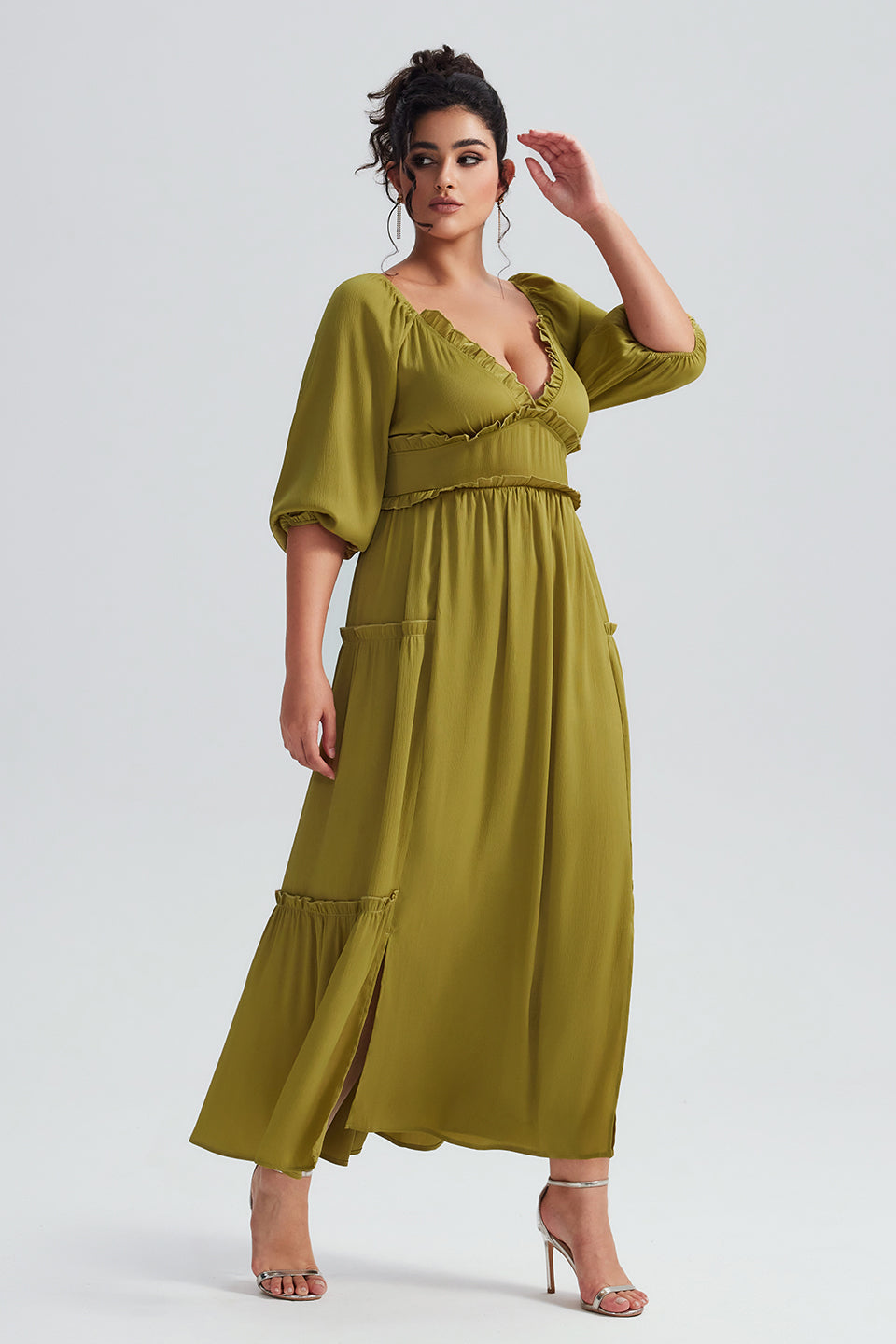 Vanessi Plus Size V-Neck Lantern Sleeve Ruffled Maxi Dress