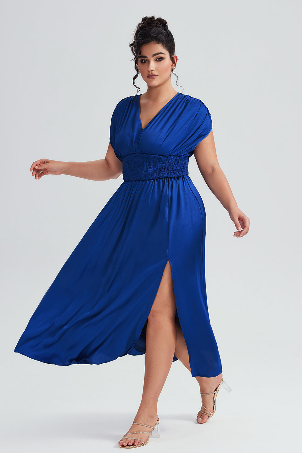 Vanessi Plus Size Elegant Sleeveless Ruffled Shirred Maxi Dress