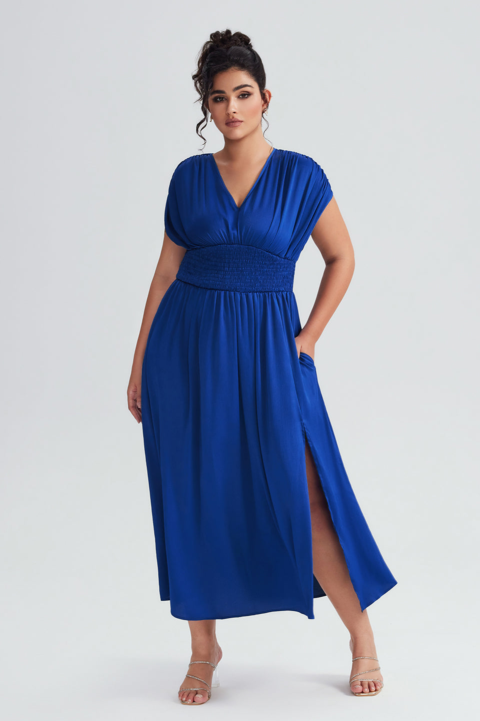 Vanessi Plus Size Elegant Sleeveless Ruffled Shirred Maxi Dress