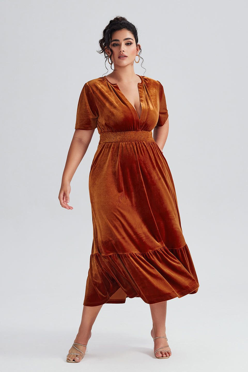 Vanessi Plus Size Deep V-Neck Velvet Pocket Elastic Waist Maxi Dress