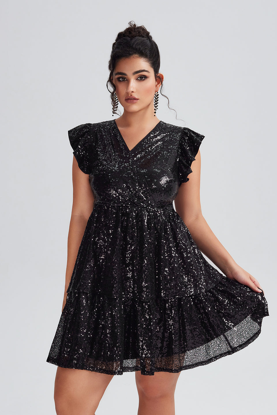 Vanessi Plus Size Flutter Sleeve Patchwork Sequin Dress