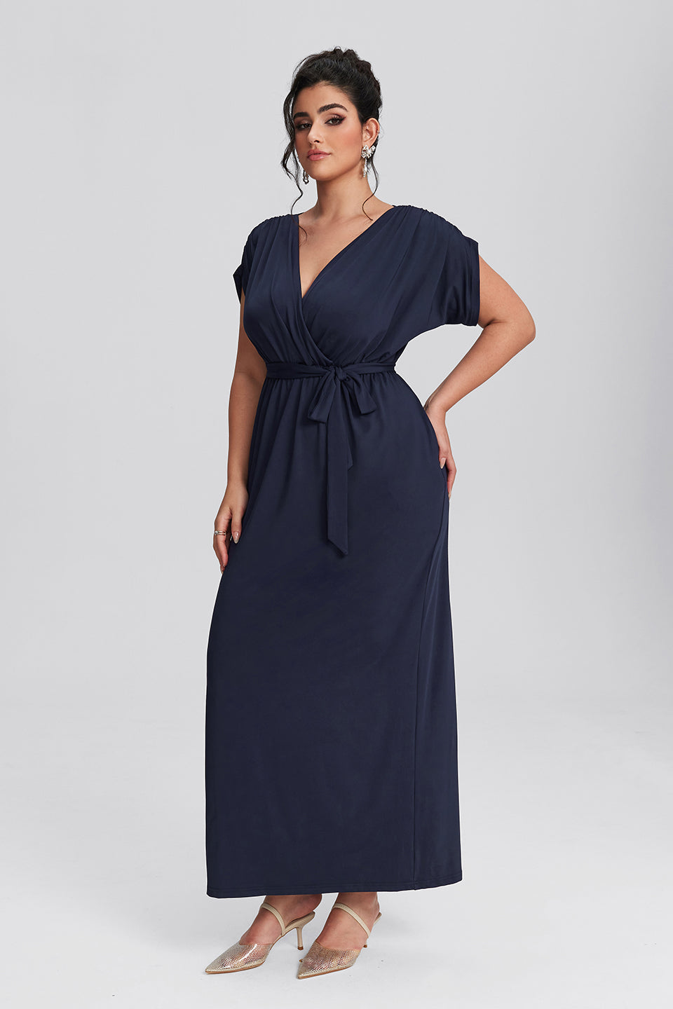 Vanessi Plus Size Elastic Waist Shirred V-Neck Wrap Maxi Dress