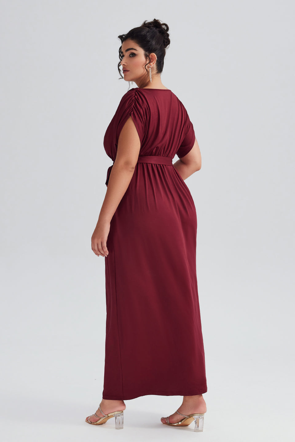 Vanessi Plus Size Elastic Waist Shirred V-Neck Wrap Maxi Dress