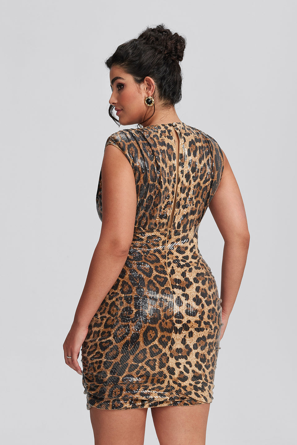 Vanessi Plus Size Leopard V Neck Ruched Sequin Dress