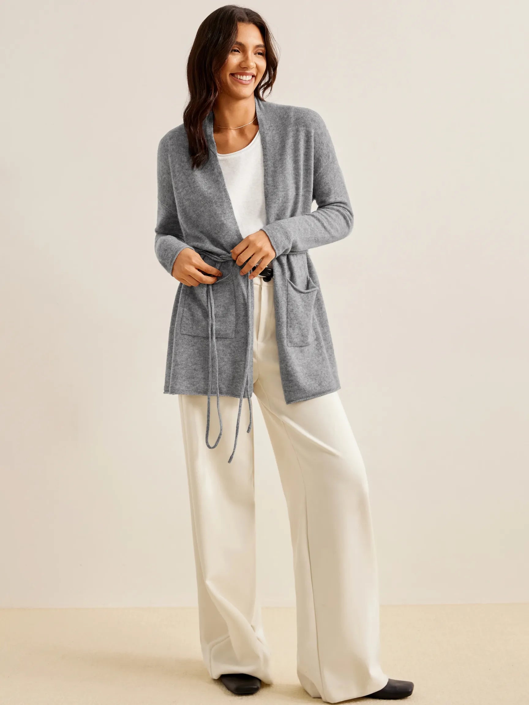 100% CASHMERE REMOVABLE WAIST ROPE OPEN CARDIGAN