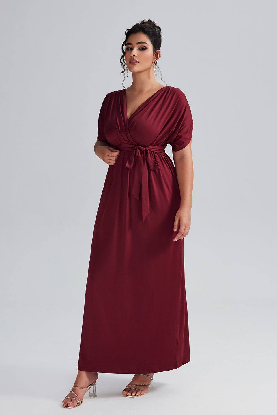 Vanessi Plus Size Elastic Waist Shirred V-Neck Wrap Maxi Dress