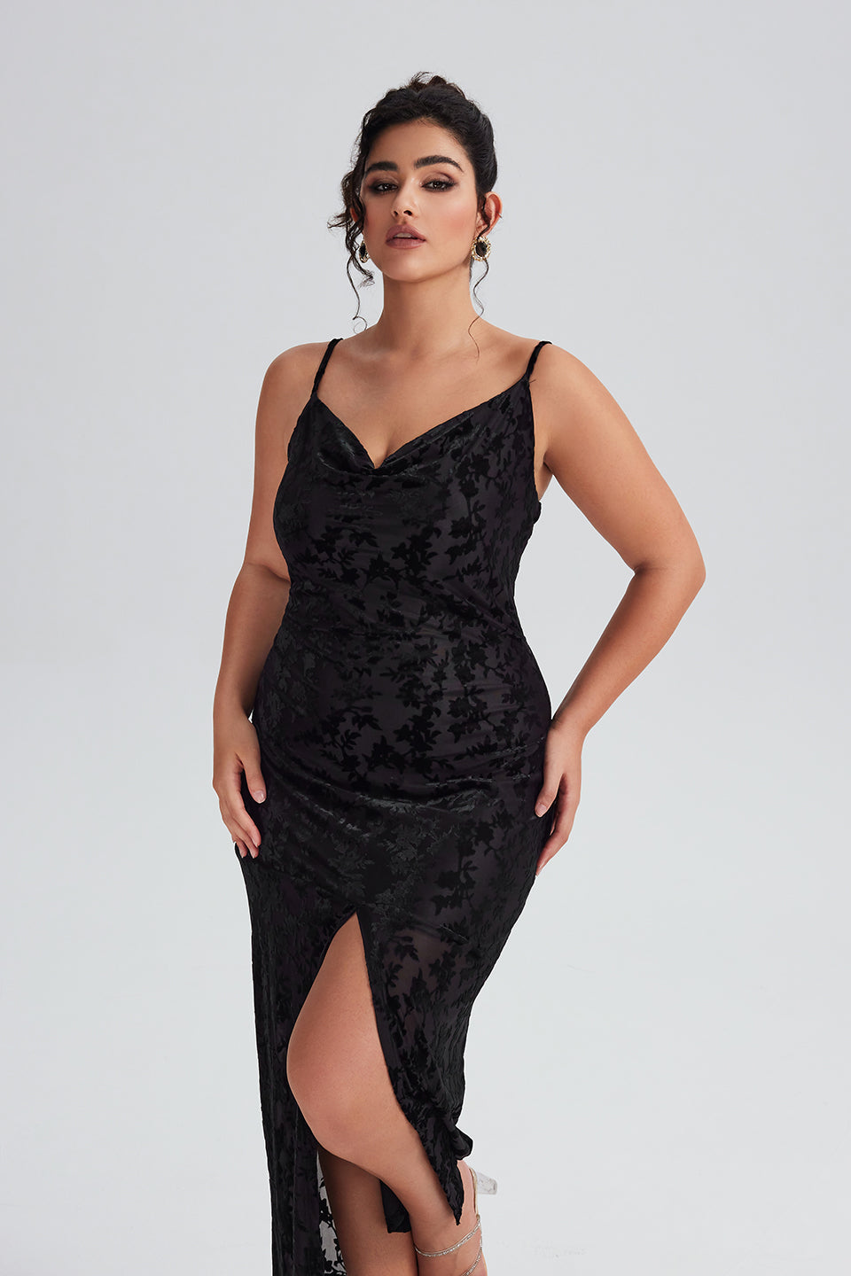 Vanessi Plus Size Velvet Halter V-Neck Slit Maxi Dress