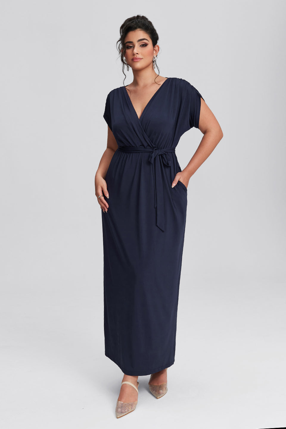 Vanessi Plus Size Elastic Waist Shirred V-Neck Wrap Maxi Dress