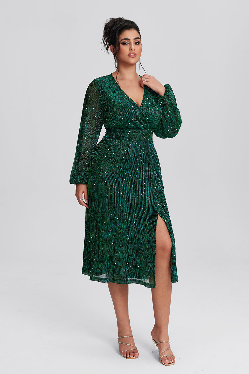 Vanessi  Plus Size Pocket Patchwork Mesh Sequin Slit Midi Dress