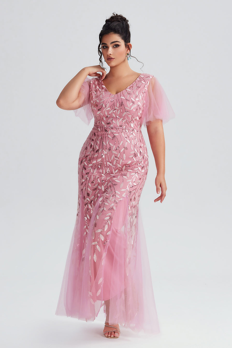 Vanessi Plus Size Elegant Embroidered Flutter Sleeve Sequin Mermaid Dress