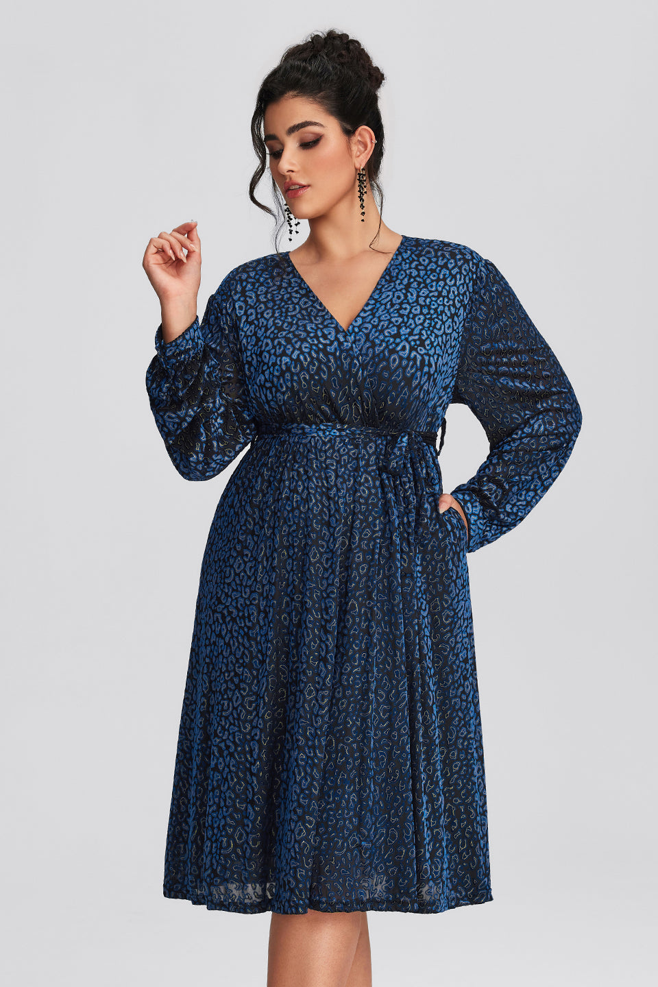 Vanessi Plus Size Leopard Velvet Wrap Midi Dress