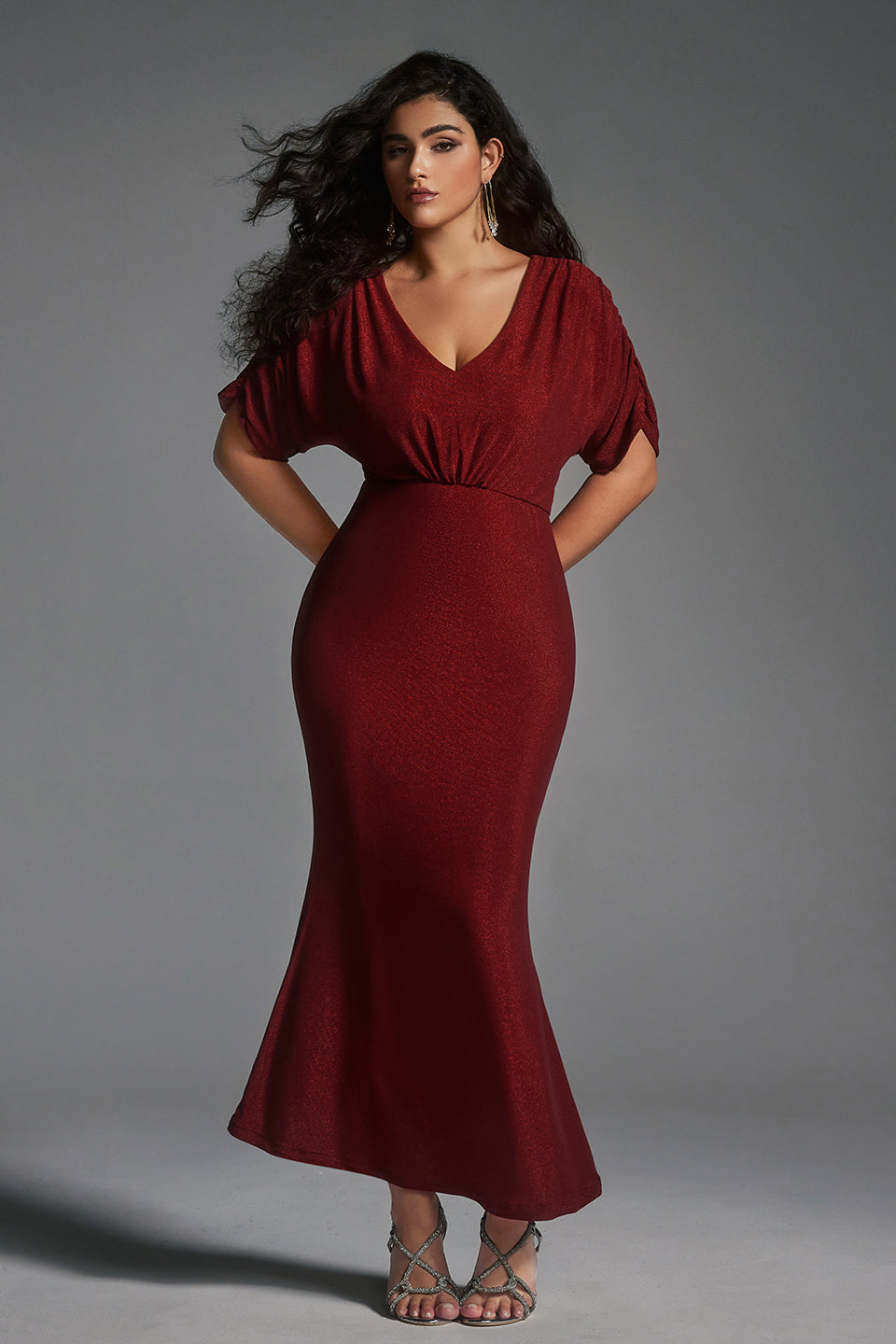 Vanessi Plus Size Super Stretchy Ruched Velvet Bodycon Dress