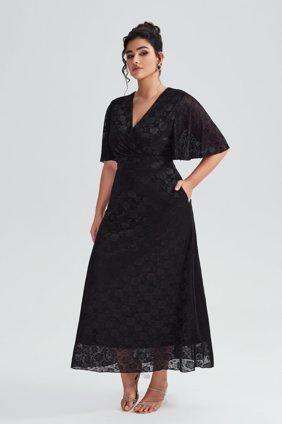 Vanessi Plus Size Black Lace Maxi Dress for Evening Wear & Formal Events