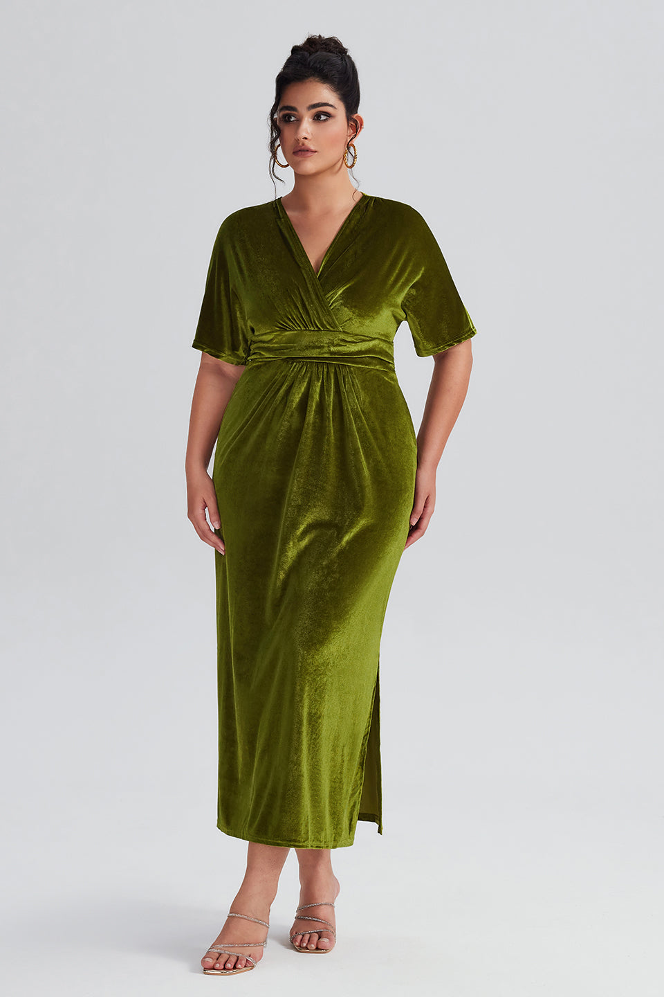 Vanessi Plus Size Elegant Velvet V-Neck Shirred Maxi Dress