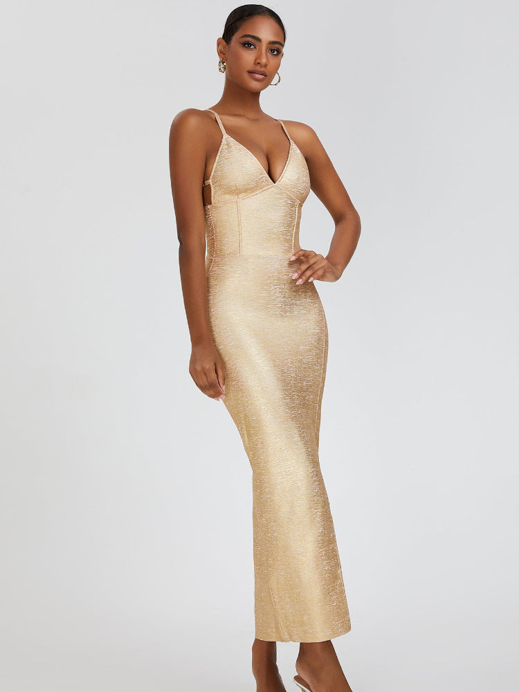 Golden sexy backless slim fit long dress