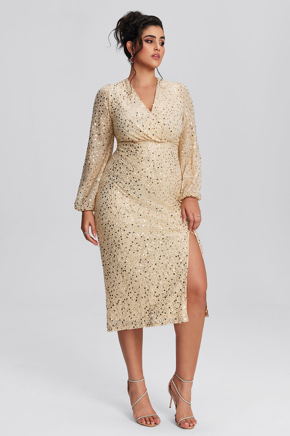 Vanessi Plus Size Embellished Sequin Elegant V-Neck Bodycon Dress
