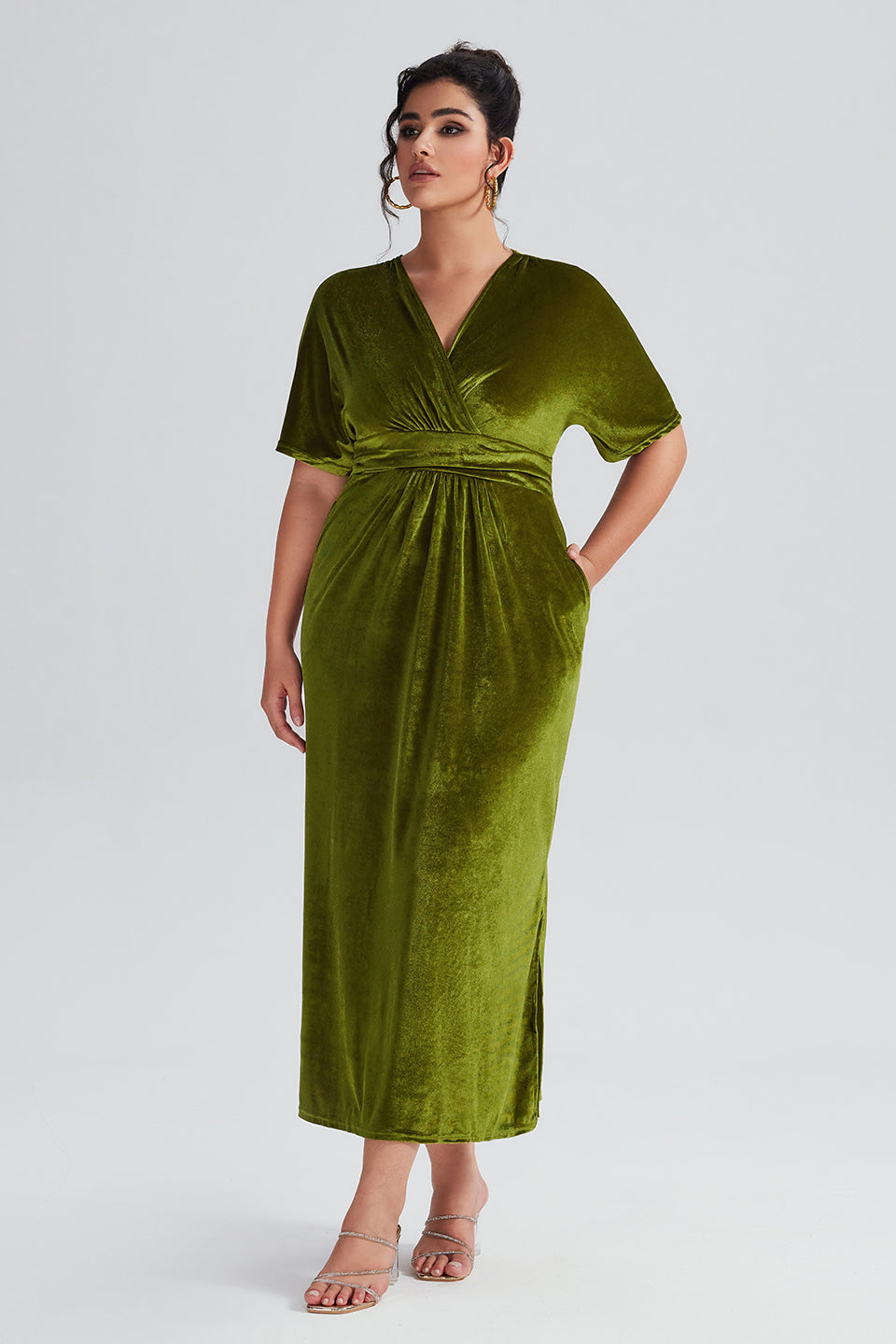 Vanessi Plus Size Elegant Velvet V-Neck Shirred Maxi Dress