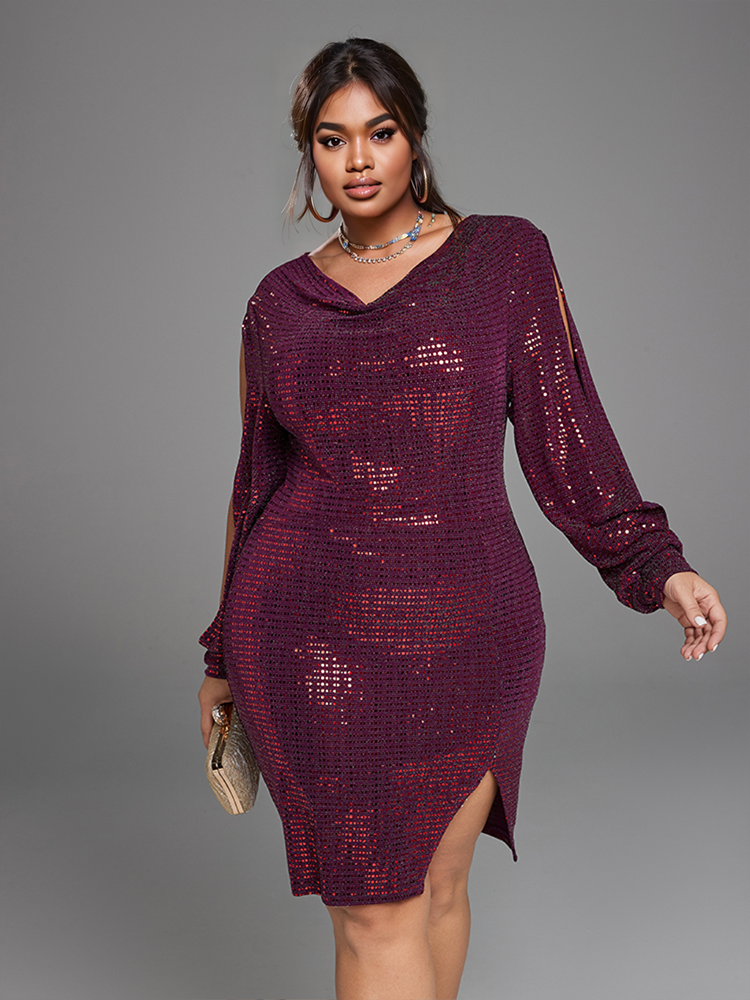 Vanessi Plus Size Draped Collar Split Sleeve Sequin Dress