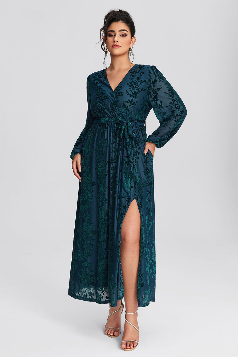 Vanessi Plus Size Floral Print Belted Split Wrap Velvet Maxi Dress