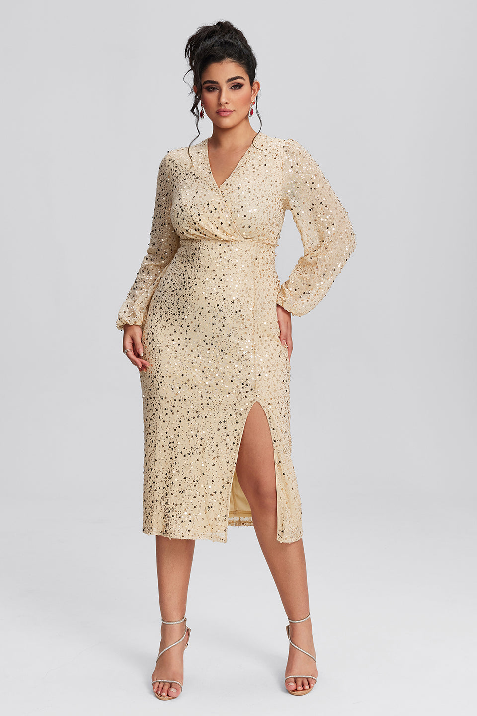 Vanessi Plus Size Embellished Sequin Elegant V-Neck Bodycon Dress