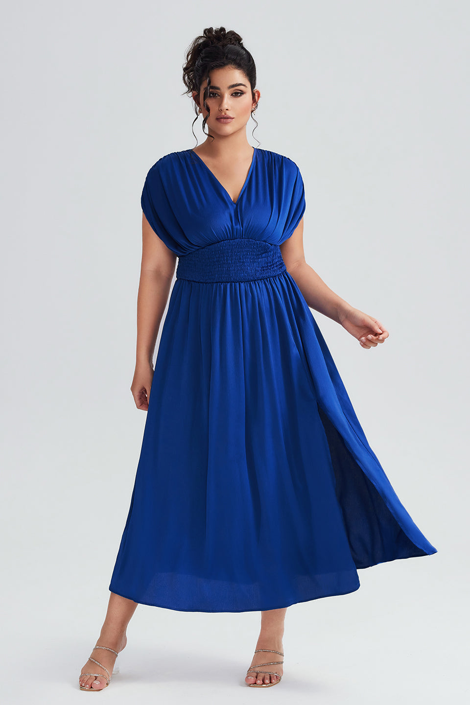 Vanessi Plus Size Elegant Sleeveless Ruffled Shirred Maxi Dress