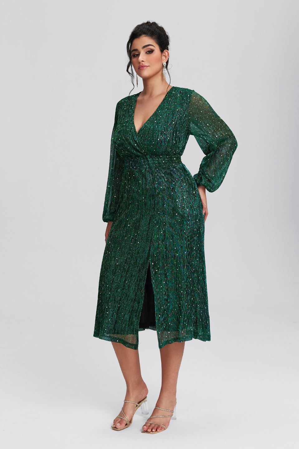 Vanessi  Plus Size Pocket Patchwork Mesh Sequin Slit Midi Dress