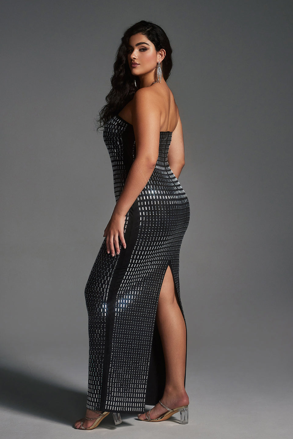 Vanessi Plus Size Strapless Metallic Rhinestones Sequin Maxi Dress