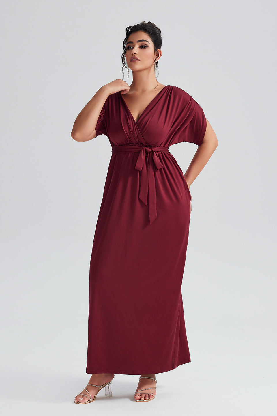 Vanessi Plus Size Elastic Waist Shirred V-Neck Wrap Maxi Dress